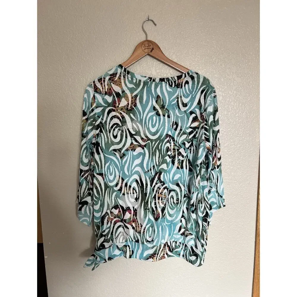 Ali Miles Abstract Butterfly Knit Top Large Swirls 3/4 Flare Sleeves